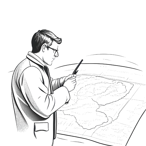 Dibujo de línea de un hombre, que representa a Nick Kosir, sosteniendo un fósil y examinando un mapa del clima.