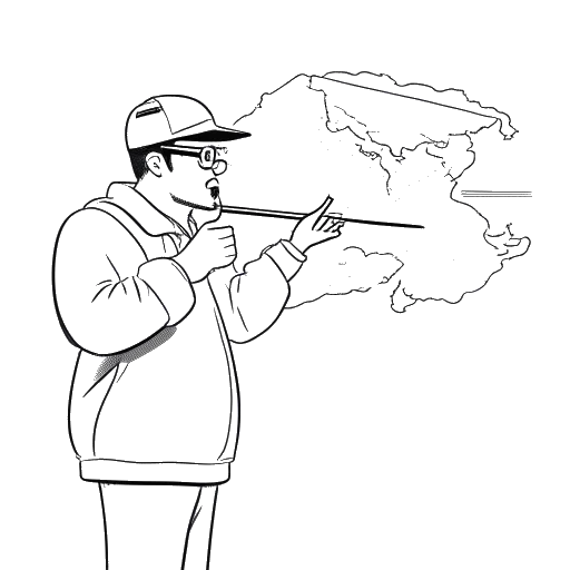 Desenho artístico de um homem, representando Nick Kosir, fazendo rap na frente de um mapa do tempo.