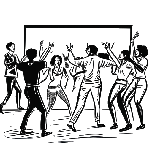 Line art drawing of a man, representing Nick Kosir, dancing with professional dancers on the set of 'So You Think You Can Dance'.