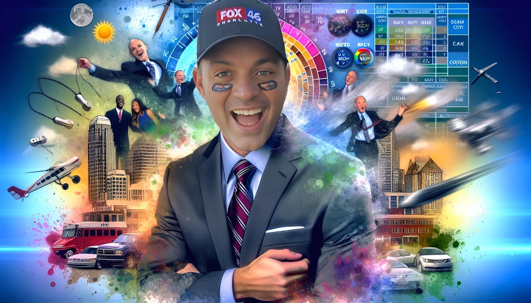 Nick Kosir, garbed in a polished weatherman suit with dance posture, surrounded by weather instruments and city landmarks between Charlotte and New York.