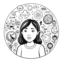 Line art drawing of a thoughtful young girl representing Greta Thunberg, surrounded by symbols of climate change.