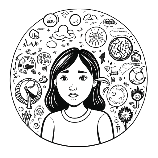 Desenho de linha de uma menina jovem pensativa representando Greta Thunberg, cercada por símbolos das mudanças climáticas.