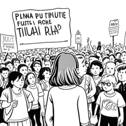 Line art drawing of a determined young girl representing Greta Thunberg, standing in front of a crowd of people, holding a sign that says '#FridaysforFuture'.