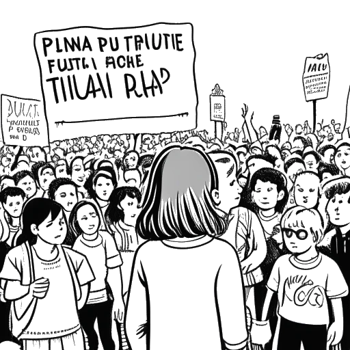 Lijntekening van een vastberaden jong meisje dat Greta Thunberg vertegenwoordigt, staande voor een menigte mensen, met een bord met '#FridaysforFuture'.