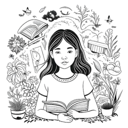 Disegno in stile line art di una giovane ragazza determinata che rappresenta Greta Thunberg, circondata da articoli, libri ed elementi della natura che simboleggiano il suo impatto.