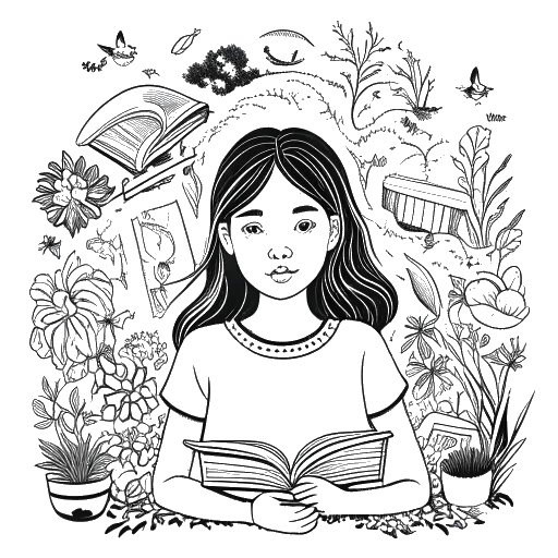 Disegno in stile line art di una giovane ragazza determinata che rappresenta Greta Thunberg, circondata da articoli, libri ed elementi della natura che simboleggiano il suo impatto.