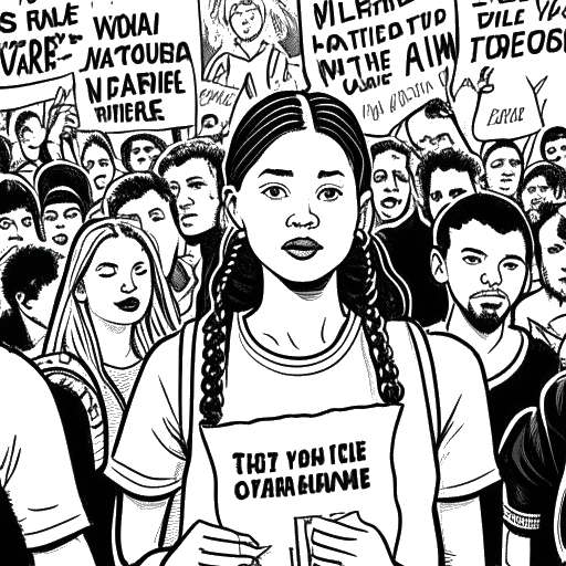 Dibujo de arte lineal de una mujer que representa a Greta Thunberg. Ella tiene el pelo trenzado y una expresión determinada, de pie frente a una multitud diversa sosteniendo un micrófono y un libro. La multitud apoya su causa con carteles que dicen '¡Acción Climática Ya!' y 'Estamos con Greta'. El dibujo encapsula el impactante activismo de Greta Thunberg y su influencia global en la conciencia sobre el cambio climático, todo ello en un fondo blanco liso.