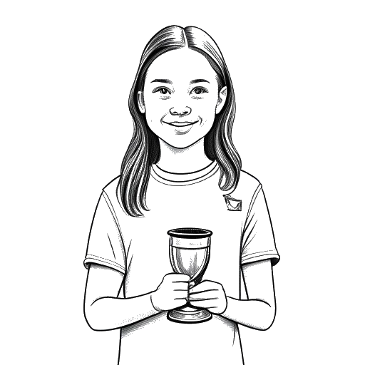 Line art drawing of Greta Thunberg holding various awards she received, including Time Person of the Year 2019