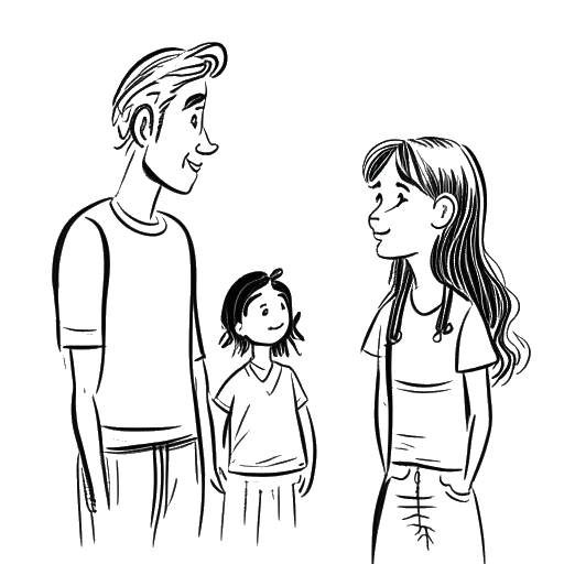 Disegno in stile line art di Greta Thunberg che discute della riduzione dell'impronta di carbonio con i suoi genitori