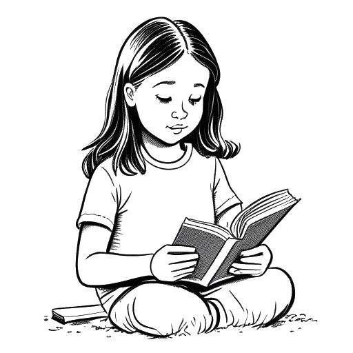 Line art drawing of a young Greta Thunberg reading a book about climate change
