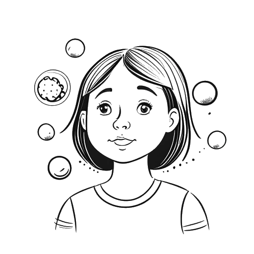 Strichzeichnung von Greta Thunberg mit Gedankenblasen, die Asperger, Zwangsstörungen und selektiven Mutismus repräsentieren