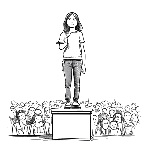 Dibujo de arte lineal de Greta Thunberg hablando a una multitud, simbolizando el movimiento Fridays for Future