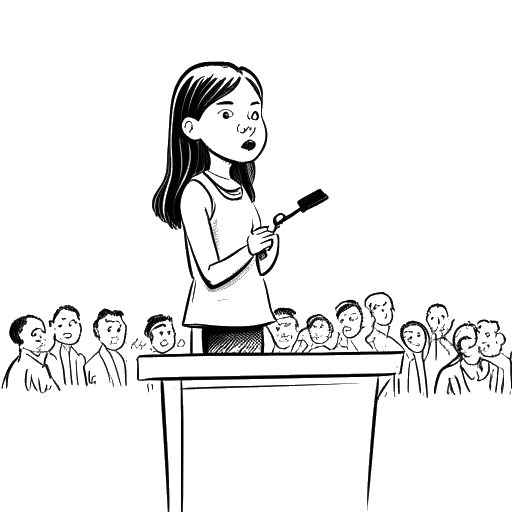 Desenho em arte linear de Greta Thunberg fazendo seu discurso 'How dare you' para os líderes mundiais