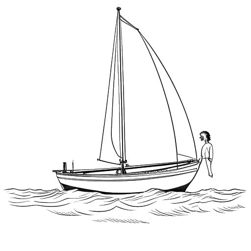 Dibujo de arte lineal de Greta Thunberg navegando en un yate libre de carbono hacia la Cumbre de Acción Climática de la ONU en 2019