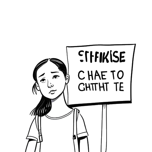 Lijnkunsttekening van Greta Thunberg die een bord met 'Schoolstaking voor het klimaat' vasthoudt buiten een school