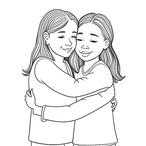 Lijnkunsttekening van twee zussen, Greta Thunberg en Beata, die elkaar omarmen