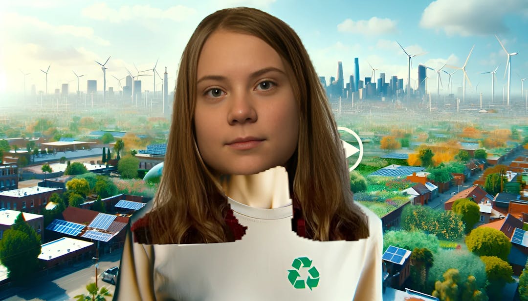 Greta Thunberg, a young woman with a fair skin type, looking determined while advocating for climate change action. The backdrop shows renewable energy installations and lush greenery, emphasizing her environmental activism.