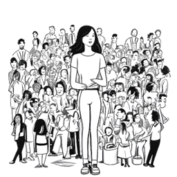 Desenho de line art de uma mulher, representando Alix Earle, parada confiante em meio a logotipos de marcas marcantes e cenas de eventos de alto perfil agitados em um fundo branco.