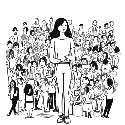 Dibujo de arte lineal de una mujer, que representa a Alix Earle, de pie con confianza en medio de logotipos de marcas llamativas y escenas de bulliciosos eventos de alto perfil sobre un fondo blanco.