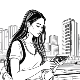 A line art drawing of a woman, representing Alix Earle, engaging with an electronic device. The background presents a transition from a construction site to the lively Miami nightlife against a white backdrop