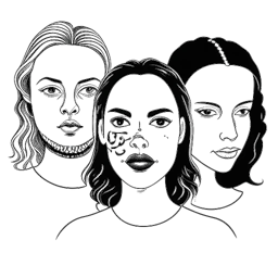 A line art drawing of a woman, representing Alix Earle, between two contrasting masks, depicting a podcast host and a distressed woman on a white backdrop.