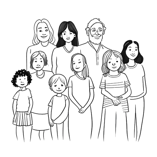 Desenho de arte linear de uma mulher, representando Alix Earle, com sua família ampliada.