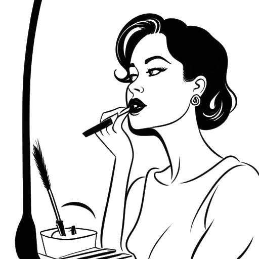Line art drawing of a woman, representing Alix Earle, applying makeup in front of a mirror.