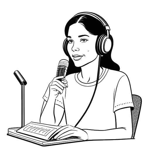 Line art drawing of a woman, representing Alix Earle, hosting a podcast.