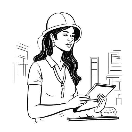 Dibujo de arte lineal de una mujer, que representa a Alix Earle, gestionando publicaciones en redes sociales para una empresa de construcción.
