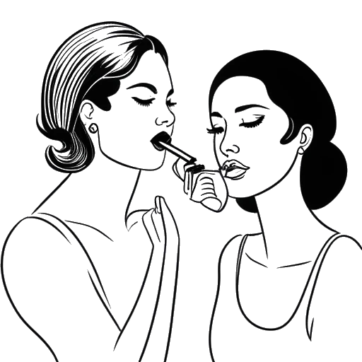 Line art drawing of two women, representing Alix Earle and Selena Gomez, applying makeup together.