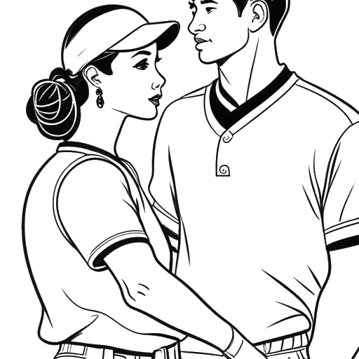 Desenho de arte linear de uma mulher, representando Alix Earle, com um jogador de beisebol.