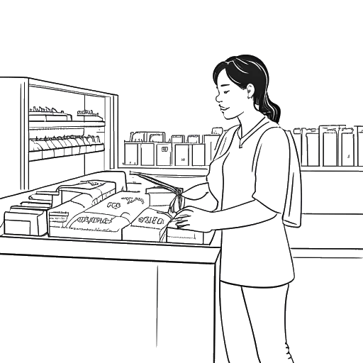 Dibujo de arte lineal de una mujer, que representa a Alix Earle, trabajando en una tienda minorista.