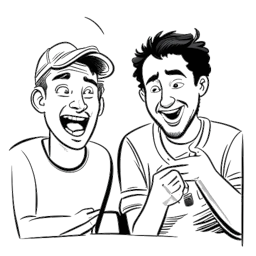 Line art drawing of Brandon Farris and Cameron Domasky collaborating on a video challenge, with expressions of hilarity and surprise. The drawing is in black and white, against a white background.