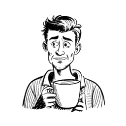 Line art drawing of a man, representing Brandon Farris, with a funny expression and holding a coffee cup. The drawing is in black and white, against a white background.