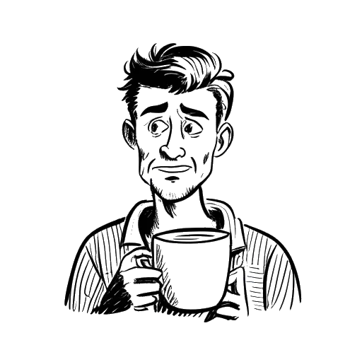 Line art drawing of a man, representing Brandon Farris, with a funny expression and holding a coffee cup. The drawing is in black and white, against a white background.