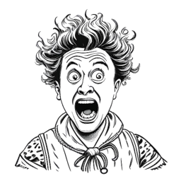Dibujo de línea de Brandon Farris usando un disfraz creativo y llamativo, con una expresión sorprendida en su rostro. El dibujo es en blanco y negro, sobre un fondo blanco.