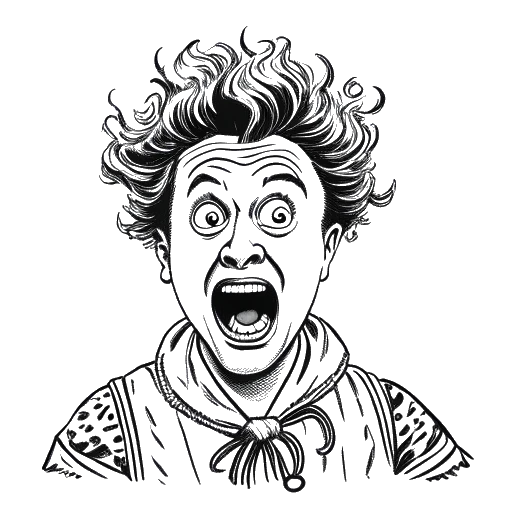 Lijntekening van Brandon Farris die een creatief en opvallend kostuum draagt, met een verbaasde uitdrukking op zijn gezicht. De tekening is zwart-wit en staat tegen een witte achtergrond.