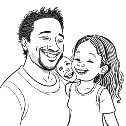 Lijntekening van Brandon Farris en Maria Gloria, met Maria's dochter Autumn, die samen een luchtig moment delen. De tekening is zwart-wit en staat tegen een witte achtergrond.