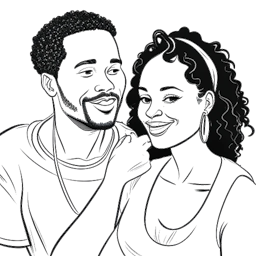 Line art drawing of Brandon Farris and Maria Gloria collaboratively creating content, with expressions of passion and determination. The drawing is in black and white, against a white background.