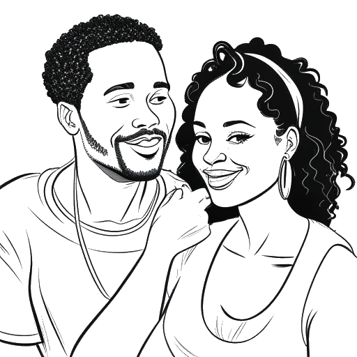Line art drawing of Brandon Farris and Maria Gloria collaboratively creating content, with expressions of passion and determination. The drawing is in black and white, against a white background.