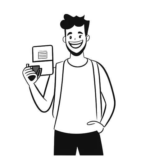 Line art drawing of a man, representing Brandon Farris, with a big smile on his face, holding a YouTube play button award in one hand and a bag of money in the other. A laptop and camera are positioned nearby, symbolizing his career as a content creator and comedian, all against a white backdrop.