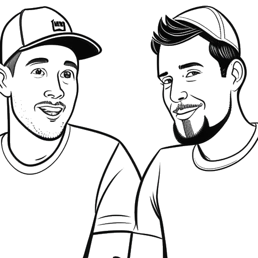 Desenho de arte em linha de dois homens, representando Brandon Farris e Cameron Domasky, participando de um desafio em vídeo.