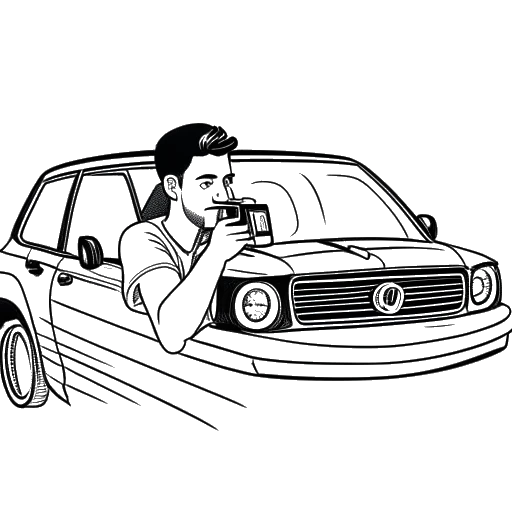 Desenho de arte em linha de um homem, representando Brandon Farris, segurando uma câmera enquanto está sentado em um carro.