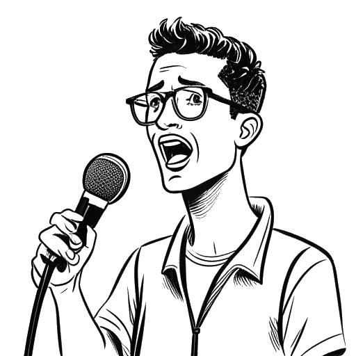 Dessin au trait d'un homme, représentant Brandon Farris, parlant dans un microphone avec des bulles de texte d'expressions caractéristiques.