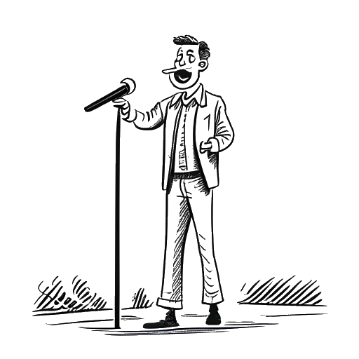 Desenho de arte em linha de um homem, representando Brandon Farris, realizando uma esquete cômica no palco.