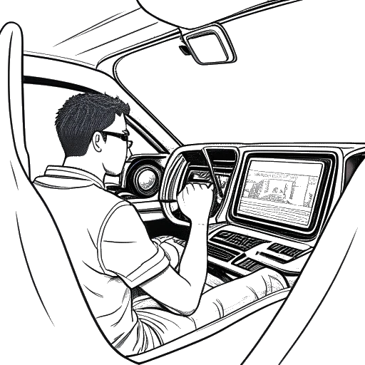 Desenho de arte em linha de um homem, representando Brandon Farris, editando vídeos dentro de um carro.