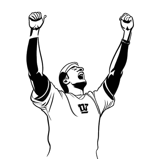 Dibujo de arte lineal de un hombre, representando a Brandon Farris, animando a los Denver Broncos durante el Super Bowl.