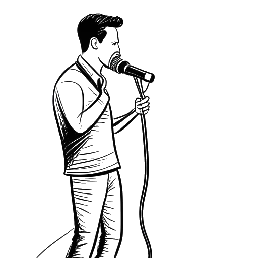Line art drawing of a man, representing Brandon Farris, holding a microphone and facing obstacles on a winding path.