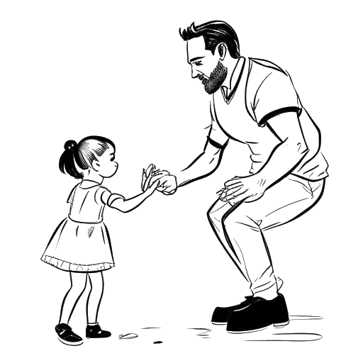 Strichzeichnung eines Mannes, der Brandon Farris darstellt, der mit einem kleinen Mädchen, das Autumn repräsentiert, spielt.