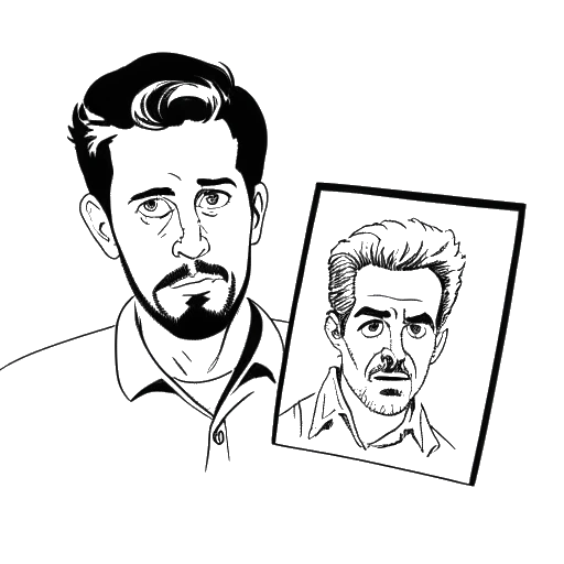 Desenho de arte em linha de um homem, representando Brandon Farris, segurando um retrato misterioso de uma noiva.